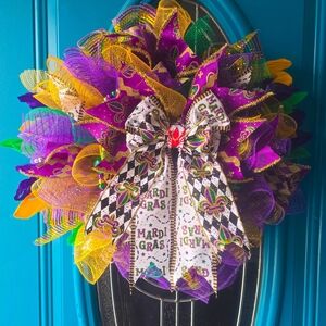 Mardi Gras Mesh Wreath with Bow
